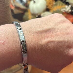 Vintage Stainless Steel & Mother of Pearl Link Bracelet